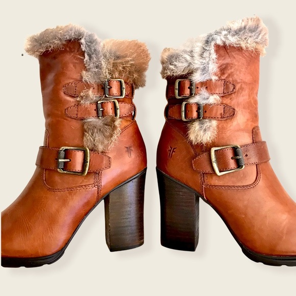 RARE Frye Penny Lux Rabbit Fur-Lined Cognac Leather Buckle Heeled Ankle Booties - Picture 11 of 15